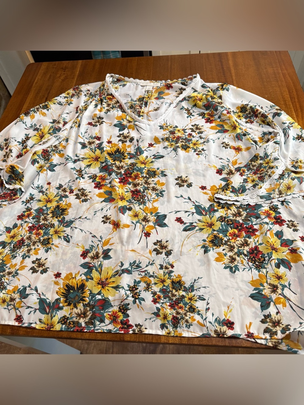 Emaline Woman 2X Floral Boho Top Sheer White Yellow Red Lace Trim